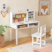 HONEY JOY Kids Table and Chair Set, Students Study Desk w/Chair, Hutch, Cork Bulletin Board, Bookshelf & Drawers, Wooden Children School Writing Desk and Chair with Solid Wood Legs for 3+ Kids, White