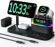 5 in 1 Wireless Charger with Alarm Clock for A pple,Mag-Safe Charging Station for iPhone 16/15/14/13/12,iWatch Series 10/9/Ultra 2/8/7/SE/SE2/6/5,Air-Pods 4/3/Pro/2,Magnetic Charger Stand(Black)