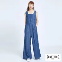 在飛比找momo購物網優惠-【SOMETHING】女裝 露背綁帶連身寬褲(酵洗藍)