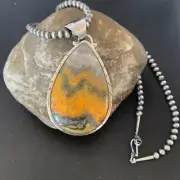 BumbleBee Jasper Pendant Navajo Pearls Sterling Silver Necklace 10545