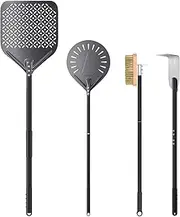 NUTUNI 12 Inch Perforated Pizza Peel 9 Inch Pizza Shovel Made of Hard Anodised Aluminium, Set of 4 Pizza Oven Brush, Ash Rake, Wood Stove Pizza Oven Accessories for Home, Restaurant