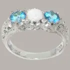 14k White Gold Natural Opal & Blue Topaz Womens Trilogy Ring