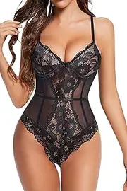 [ADSEXY] Women Lingerie Bodysuit Snap Crotch Teddy Lingerie Sexy Naughty One Piece Underwire Lace Sheer Mesh Babydoll