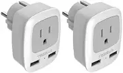 Type F Plug Adapter 2 Pack, Germany France Power Adapter with 2 USB Ports, Outle
