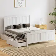 Oikiture Wooden Bed Frame Double Size Base with Storage Drawers White