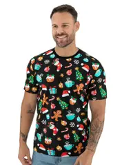 Cotton Short Sleeve Christmas Icons Tee Black