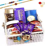 Jaiccha Ghasitaram Rakhi Gifts for Brothers White Metal Basket of Assortments with Chocolate Almonds Can with 2 Blue Rudraksh Rakhis