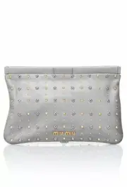 NWT Authentic Miu Miu 5N1573 CONTENITORI PIATTI Vitello Borchie Clutch in Gray