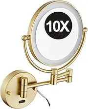 REWIS 8 Inch Wall Mounted LED Makeup Mirror, 2 Sided Lighted 1X/10X Magnifying Vanity Mirror with Infrared Sensor Switch, Bathroom HD Shaving Mirror,Brushed Gold,Hardwired