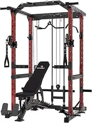 RitKeep Destroyer M10 2x2'' Power Rack 1500lbs Capacity with Crossover Cable Pulley System, LAT Pulldown Bar, Dip Bar, Safety Bar for Home Workout (Red with Black Bench)