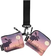 [XYMZR] Moose Landscape Purple Mini Zip Around Wristlet keychain Wallet for Women Personalized Pattern Detachable Dual Pouch Wristlet Portable Wallet Phone Coin Purse, Multi-colored, One Size