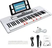 [Funtaki] 61 Key Electric Piano Keyboard with Lighted Keys, Digital Portable Synthesizer Keyboards with Stand, Mini Music Keyboard Pianos for Beginners Kids Adults, White