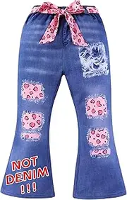 [BomDeals] Girls Imitation Ripped Denim Print Flare Pants - Cute Leopard Graphic Pink Lace-Up Front Jeans Leggings Bell Bottom