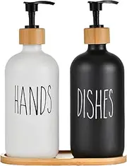 Glass Soap Dispenser Set with Tray, Includes Hand Soap and Dish Soap Dispenser, with Pump,Stylish and Minimalistic Design, Leak-Proof, Rounded Thickened Bottle Mouth, 500 ML(Black+White)