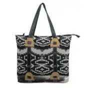 Hopofly Black Geometric Print Cotton Leather Hairon Canvas Tote Bag