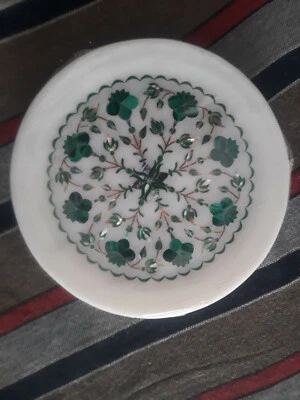 11" Antique white Marble Round Serving Plate tray makrana Mosaic Inlay Art y37
