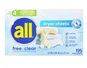 all Fabric Softener Dryer Sheets for Sensitive Skin, Free Clear, 195 Count