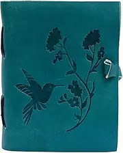 Leather Bound Vintage Journal Bird & Flower Engraved - Handmade Vintage Deckle Edge Paper - Ocean Blue - Book of Shadows - Diary for Writing, Drawing, Sketchbook, and Travel Notebook - Leather Bound