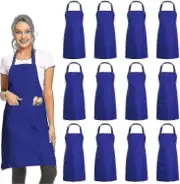 12 Pack Plain Bib Aprons With 2 Pockets - Black Unisex Commercial Apron Bulk Blue