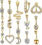 [Lucomb] Belly Button Piercing Ring for Women, 10 PCS 14G Surgical Steel Belly Button Rings Barbell Jewelry Rings Bulk for Body Piercing with Long Bar Dangle Curved Navel Rings Heart Belly Ring, Stainless