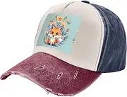 [YANYU] Cute Animal Fox Flowers Print Fashion Washed Distressed Baseball Cap Vintage Adjustable Hat with Classic Brim, Navy and Red, One Size