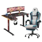 Advwin L Shape 160cm Gaming Desk RGB LED Light & Gaming Chair Racing Seat w/Footrest Office Chair Green & Grey