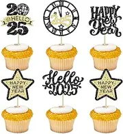 Gyufise 30Pcs Happy New Year 2025 Cupcake Toppers Hello 2025 Cupcake Picks Cheers to 2025 Midnight Clock Fireworks Hello 2025 Cake Decorations for 2025 Happy New Year Eve Party Supplies Black