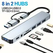 8-in-1 USB C Hub Multiport Adapter with USB 3.0, USB 2.0, Type-C, SD/TF Card Reader, 3.5mm Audio Jack – Compatible with MacBook, Windows, Android, iPad, OTG De