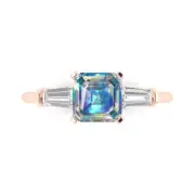 1.6 ct Emerald 3 stone Blue Moissanite Promise Bridal Wedding Ring 14k Rose Gold