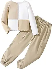 [Hilinker] Girls 2 Piece Outfit Ribbed Long Sleeve Top and Cargo Pants