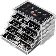 Frebeauty Acrylic Jewelry Organizer,Earring Organizer Box with 5 Drawers Clear Jewelry Box with Velvet Trays for Women,Stackable Earring Display Holder for Rings Studs and Bracelets(Black)