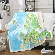 Feelyou World Map Sherpa Blanket - Continental Europe Fleece Throw, Ocean Nautical Sea Adventure Plush, Geographic Fuzzy for Sofa Bed Couch - 90" x 90"