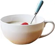 Soup Bowl with Handle and Spoon Breakfast, Soup Bowls Mug Cup in China Porcelain Ceramic Microwaveable Microwave Safe Japanese-Style for Milk Dessert Yogurt Oatmeal-White-300ML