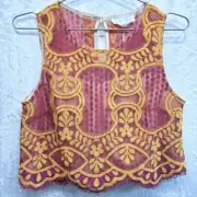 Fuchsia & Gold Lace Eyelash Fringe Cropped Tank Top Flutter by Dance & Marvel