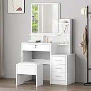 ALFORDSON Dressing Table and Stool Set, White, Makeup Vanity Desk with Mirror, Shelves & Side Cabinet, Dresser Organiser with Matching Chair for Bedroom Dress Room