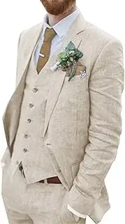 [Wehilion] Retro Linen Men Suit Beach Wedding Suit Summer Slim Fit 3 Pieces Light Weight Linen Suit Jacket Vest Pant Tuxedo