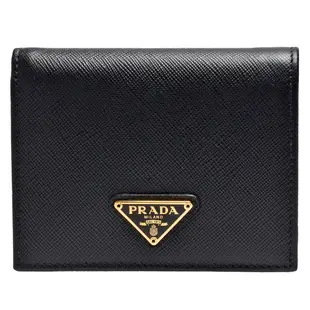 PRADA SAFFIANO TRIANG系列金色三角LOGO防刮牛皮暗釦短夾(黑)