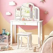 HONEY JOY Kids Vanity Table and Chair Set, Kids Dressing Table w/Tri-Folding Mirror, Large Storage Drawer, 2 in 1 Pretend Play Vanity Table with Detachable Top for Kids Aged 3+ Years Old, White