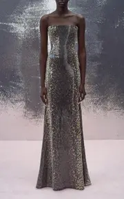 [Alex Perry] Leopard Sequined Strapless Gown