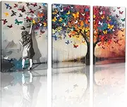 [MAMAGO] Abstract Banksy Graffiti Canvas Wall Decor 3 Panels Colorful Butterfly Tree with Girl Painting Modern Street Pop Artwork for Living Room Office Wall Art Framed Easy to Hang-20”x28”x3pcs