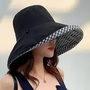 [Ling88] Summer Women Double-Sided Cotton Linen Plaid Sun Hat Elegant Big Wide Brim Foldable Anti-Uv Beach Sun Floppy Hats Flat Caps Sun Hat Big Brim Hat-2