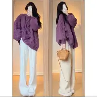 在飛比找蝦皮購物優惠-寬鬆圓領麻花針織衫紫色套頭麻花毛衣2xl