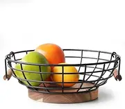 WILDMOS Fruit Basket,Black Wire Basket with Acacia Wood Base,Large Fruit Bowl for Countertop,Black Baskets for Fruits, Breads, Vegetables Storage. (10-inch)