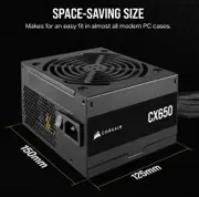 Corsair 650W CX Series, 80 PLUS Bronze Certified, Up to 88% Efficiency, Compact 125mm design easy fit and airflow, ATX PSU 2024