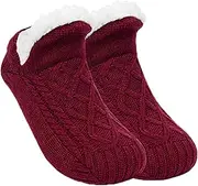 [sanvpwsan] Slipper Socks Women Mens, Christmas Bed Socks for Women Thick Comfy Fleece Anti Slip Thermal Socks with Grippers, Warm Heat Holders Ladies Cosy Socks Women, Red, One Size