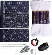 Sashiko kit, Yokota Sashiko Thread, Needles and Template Yume Fukin with Original English Manual, Thimble Sewing Set, Fabric, Japanese Textile (White Thread/Navy Dishcloth)