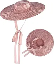 [ESOMAVRIX] Flat Brim Hats for Women Vintage Flat Top Sun Protection Straw Boater Hat Wide Brim Anti-UV Breathable Outdoor Summer Woven Sun Hats with Chin Straps for Beach, Travel, Flat Brim Hats/4206