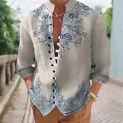 Men's Floral Print Ethnic Flowers Shirt Stand Collar Shirt Long Sleeve Vintage Retro Vacation Daily Wear Going out Spring Fall Mandarin Collar Band Collar Butt