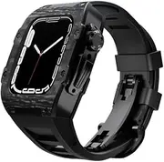[KAVJU] Carbon Fiber Case for Apple Watch 7 45mm 44mm Fluororubber Strap Luxury Set Frame Bezel Modification Kit for IWatch 8 7 6 5 4 SE
