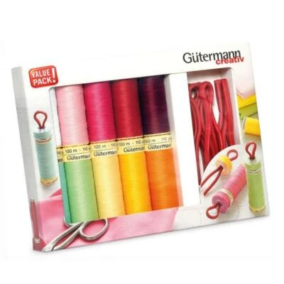 GUTERMANN SEW-ALL 100MT THREAD SET WITH 10 REELS AND 10 BOBBIN CLIPS